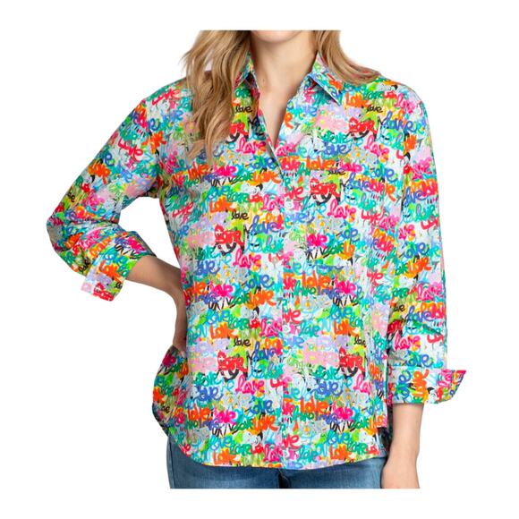 APNY Tops - APNY Women's S Long Sleeve Button Up Blouse Rainbow Love Grafitti Print Artsy